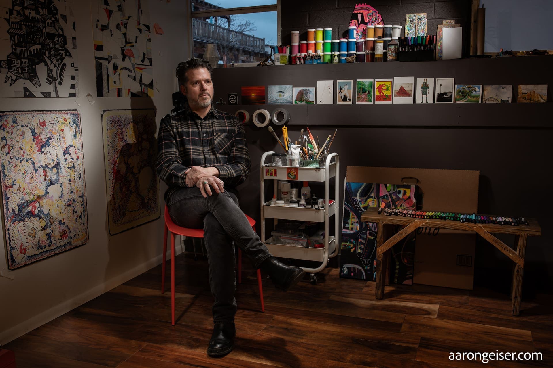 Ollie Glatzer, producer, musician, and mixed media illustrator, in his studio in Santa Fe, New Mexico.