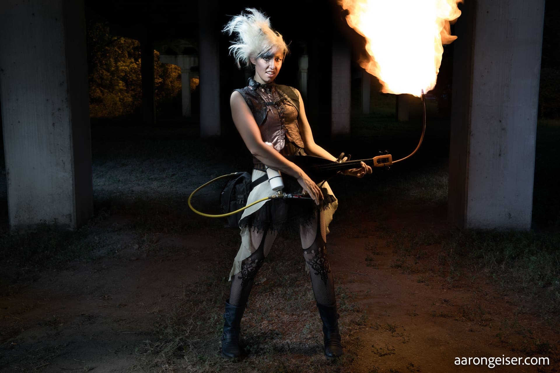 Rhonda Rubicon with her flaming uke in Austin, Texas.