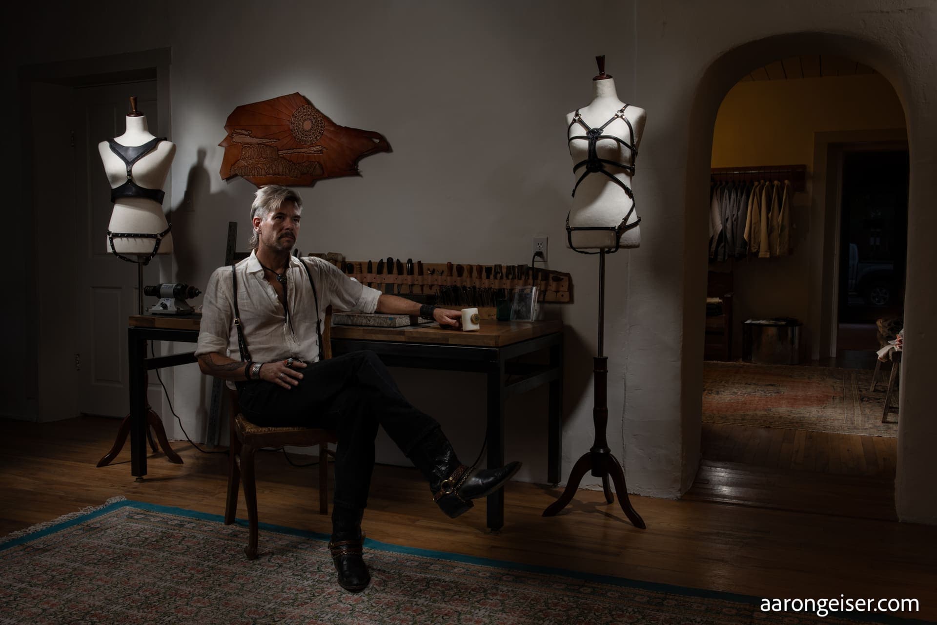 Scott Horn, artist and leather worker, in his studio at Collect gallery and boutique in Santa Fe, New Mexico.